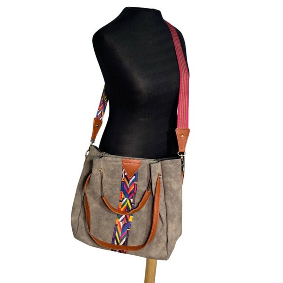 Tribal Pattern Gray & Brown Tote Bag With Adjustable Strap - Picture 1 of 11